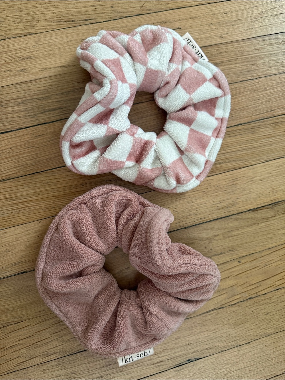 Kitsch Pink Checker & Solid Terry Scrunchie Set